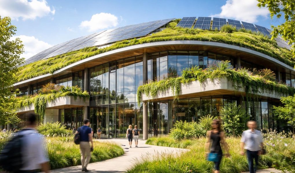 batiment-moderne-toit-vegetalise-panneaux-solaires