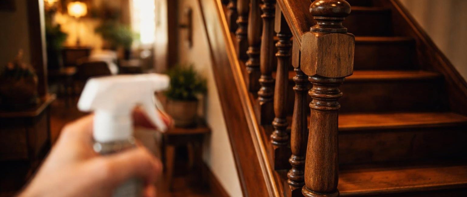 escalier-bois-main-bouteille-spray
